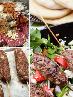 A picture of Wagyu Beef Kofta Kebabs with Tzatziki Sauce.