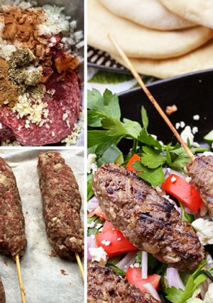 A picture of Wagyu Beef Kofta Kebabs with Tzatziki Sauce.