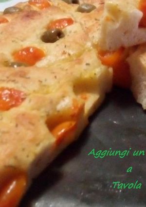 A picture of Focaccia with Cherry Tomatoes and Green Olives: Quick Oven Recipe.