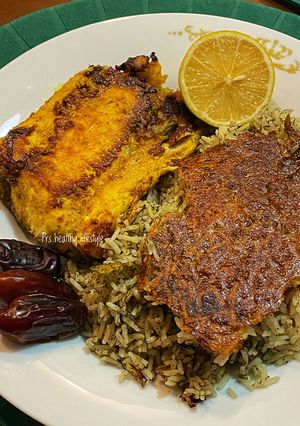 عکسی از دستور سبزی پلو با ماهی سفید گریل شده👌🏻