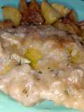 Lomo rebozado en salsa de cebolla