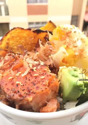 A picture of Salmon With Pumpkin And Avocado Rice Bowl.