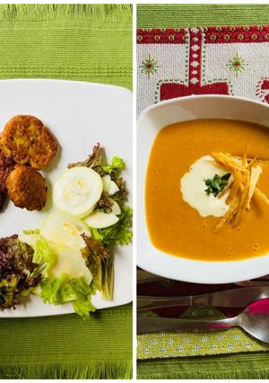 Una foto de Torrejas de atún, ensalada verde y crema de auyama