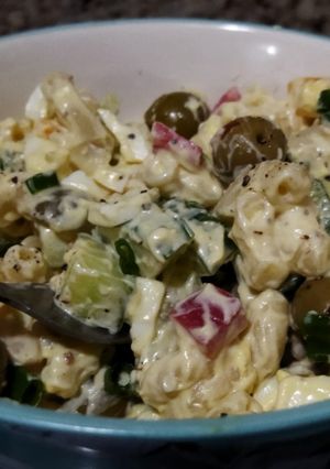 A picture of Deviled egg pasta salad.