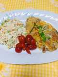 Filete empanados de pechuga de pollo con ensalada de papas y zanahoria!
