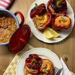 A picture of Saudi style Shrimp Kabsa Stuffed Bell Peppers — my way!.