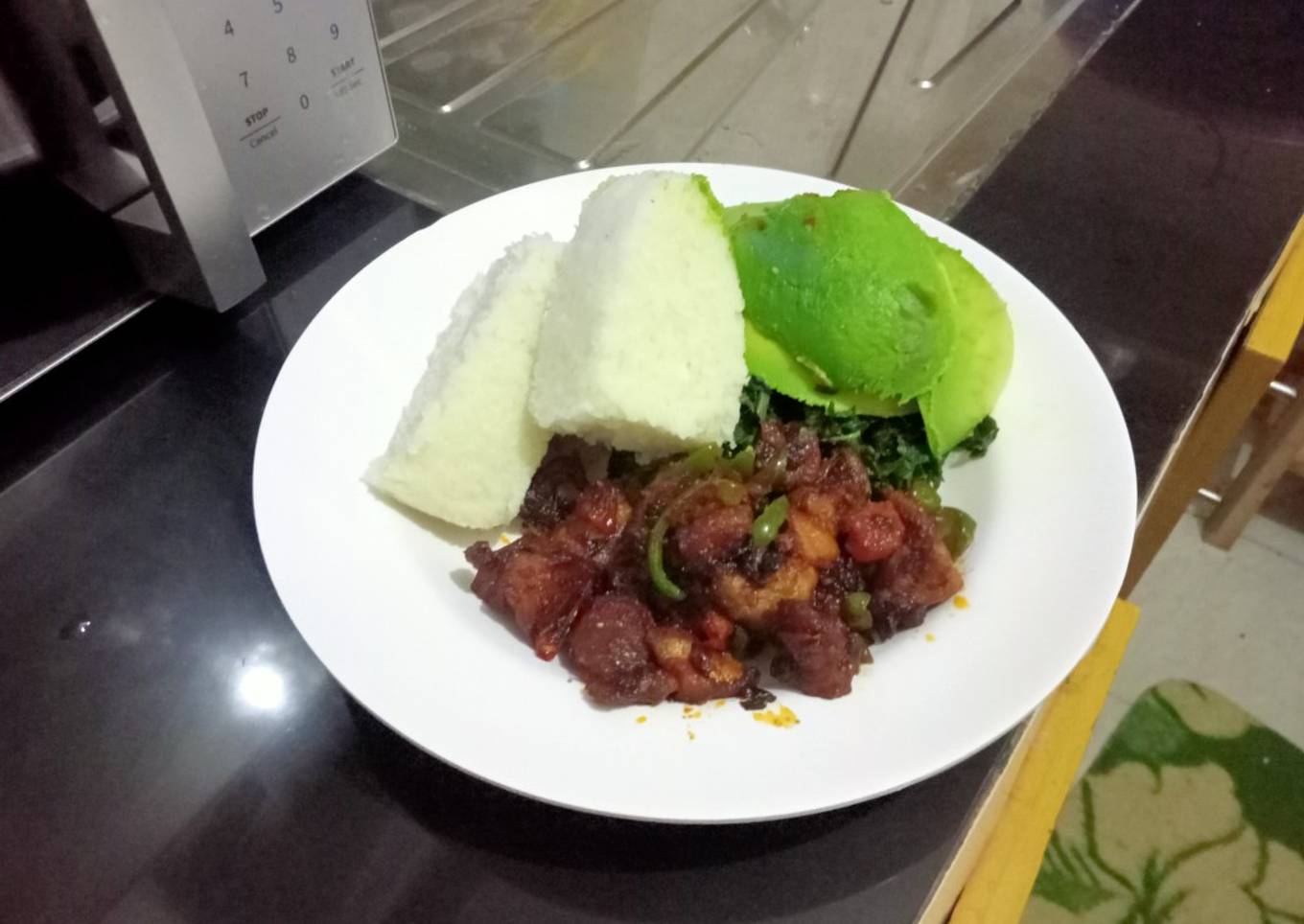 Ugali,pork,greens