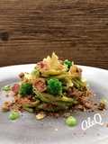 Square Spaghetti with Broccoli Pesto and Pancetta