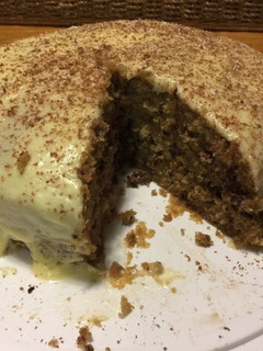 A picture of Coffee, chocolate chip cake.