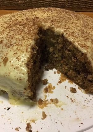 A picture of Coffee, chocolate chip cake.