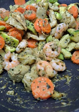 Une photo de Crevette à l'artichaut et pesto
