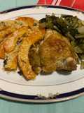Pollo arrosto, zucca gialla arrosto e cicoria al vapore
