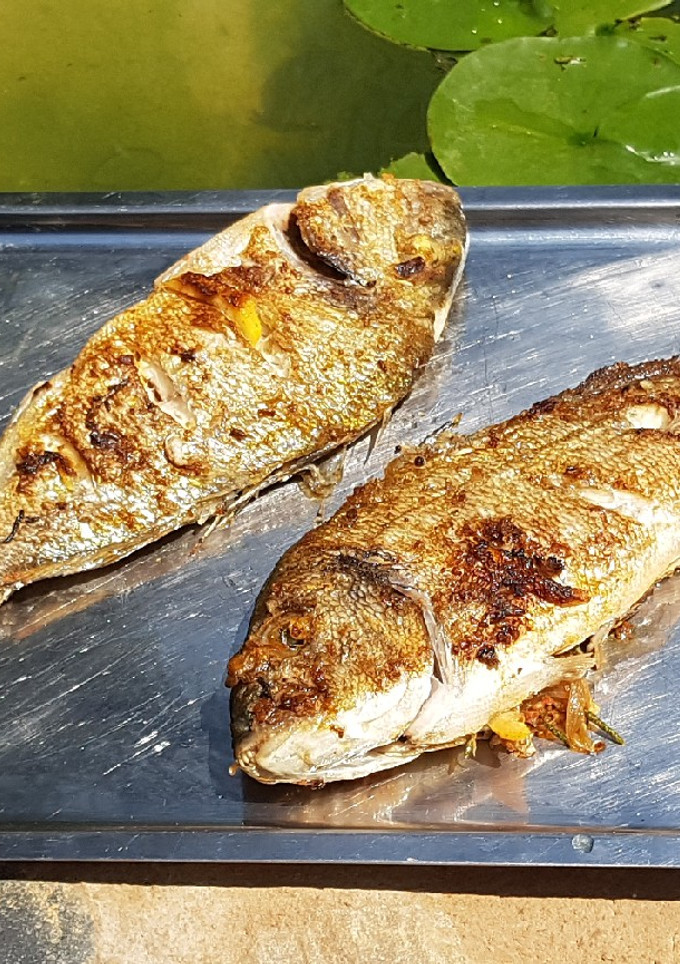 Una foto de Dorada con guarnición de salicornia y verduras