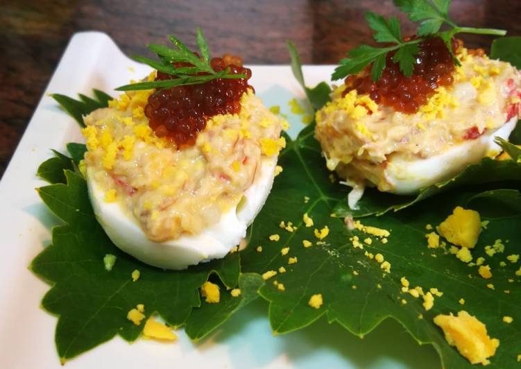 Huevos Rellenos Con Caballa Pimiento Asado Y Perlas De Soja Receta De Cocinar Con Jorgette Cookpad