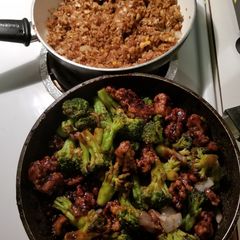 A picture of General tso's chicken and fried rice.