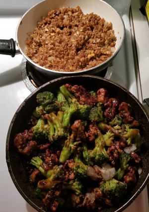 A picture of General tso's chicken and fried rice.