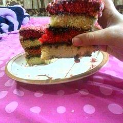 4 layer vanilla red cake A picture of 4 layer vanilla red cake.