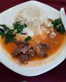 Rice pillaf with beef stew and saute spinach