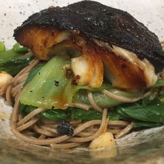A picture of Cinderella goes to Japan – Black miso cod with soba noodles.