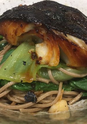 A picture of Cinderella goes to Japan – Black miso cod with soba noodles.