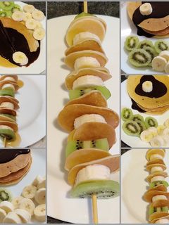 صورة لوصفة ميني بان كيك مع الفاكهة وصوص الشكولا 🥞🍌🍫