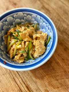 A picture of Cucumber, eggs, toban djan (Chilli bean paste).