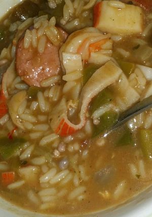 A picture of Seafood, Chicken, and Turkey Sausage Gumbo.