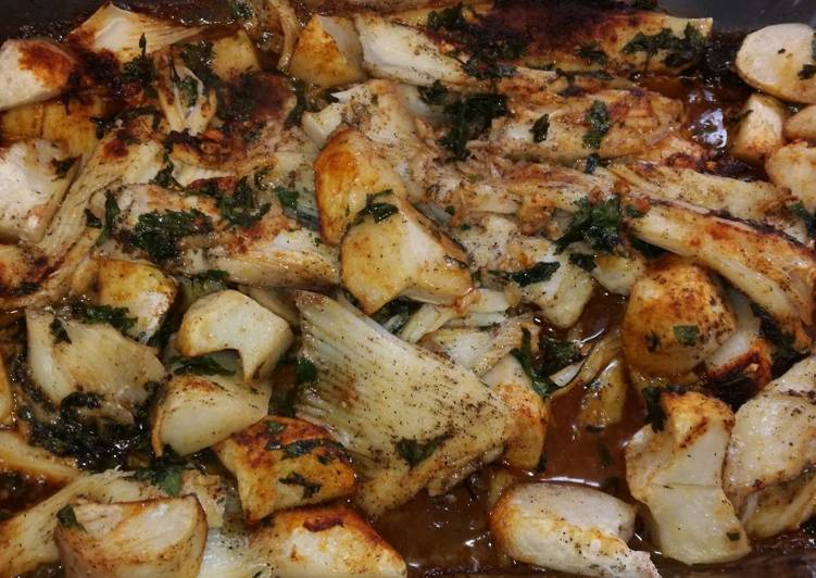 Raya al horno con patatas de costa Rica al pimentón de la vera