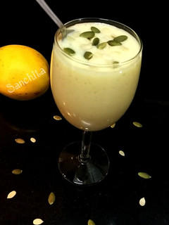 A picture of Banana, Pumpkin seeds Mango smoothie.
