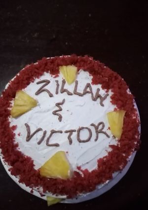 A picture of Cake Challenge - Red velvet with pineapple pieces.