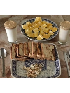 A picture of French toast and Dalgano coffee.
