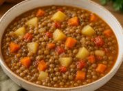 Una foto de guiso de lenteja con carne