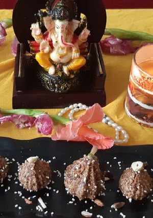 A picture of #Rajgiraflour-dates-dryfruits-stuff-modak.
