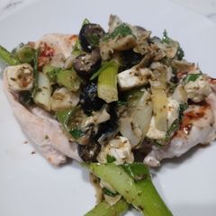 A picture of Grilled Chicken with Artichokes and Olives.