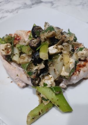 A picture of Grilled Chicken with Artichokes and Olives.