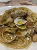 Gluten-Free Linguine with Clams and Swordfish Flambéed with Cognac and Cherry Tomatoes
