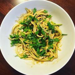 A picture of Zucchini noodles with Peanut Sauce.