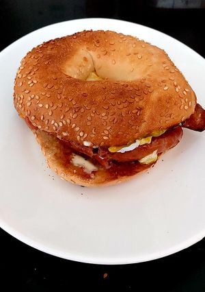 A picture of My Sausage & Poached Egg on a 🥯.