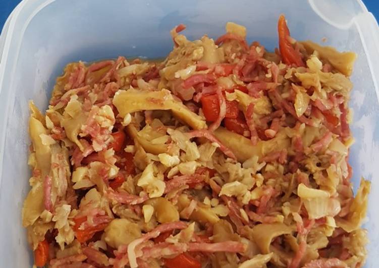 Salteado de setas con cebolla,pimientos rojos y jamón. Thermomix