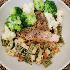 A picture of Simple Grilled Fish Vegetables Aglio Olio Pasta.