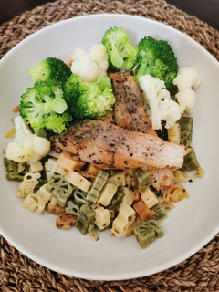 A picture of Simple Grilled Fish Vegetables Aglio Olio Pasta.
