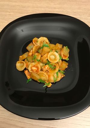 A picture of Orecchiette with Swordfish and Sicilian Long Zucchini.
