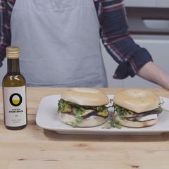 A picture of New Jersey Eggplant Bagel with Honey Brie.