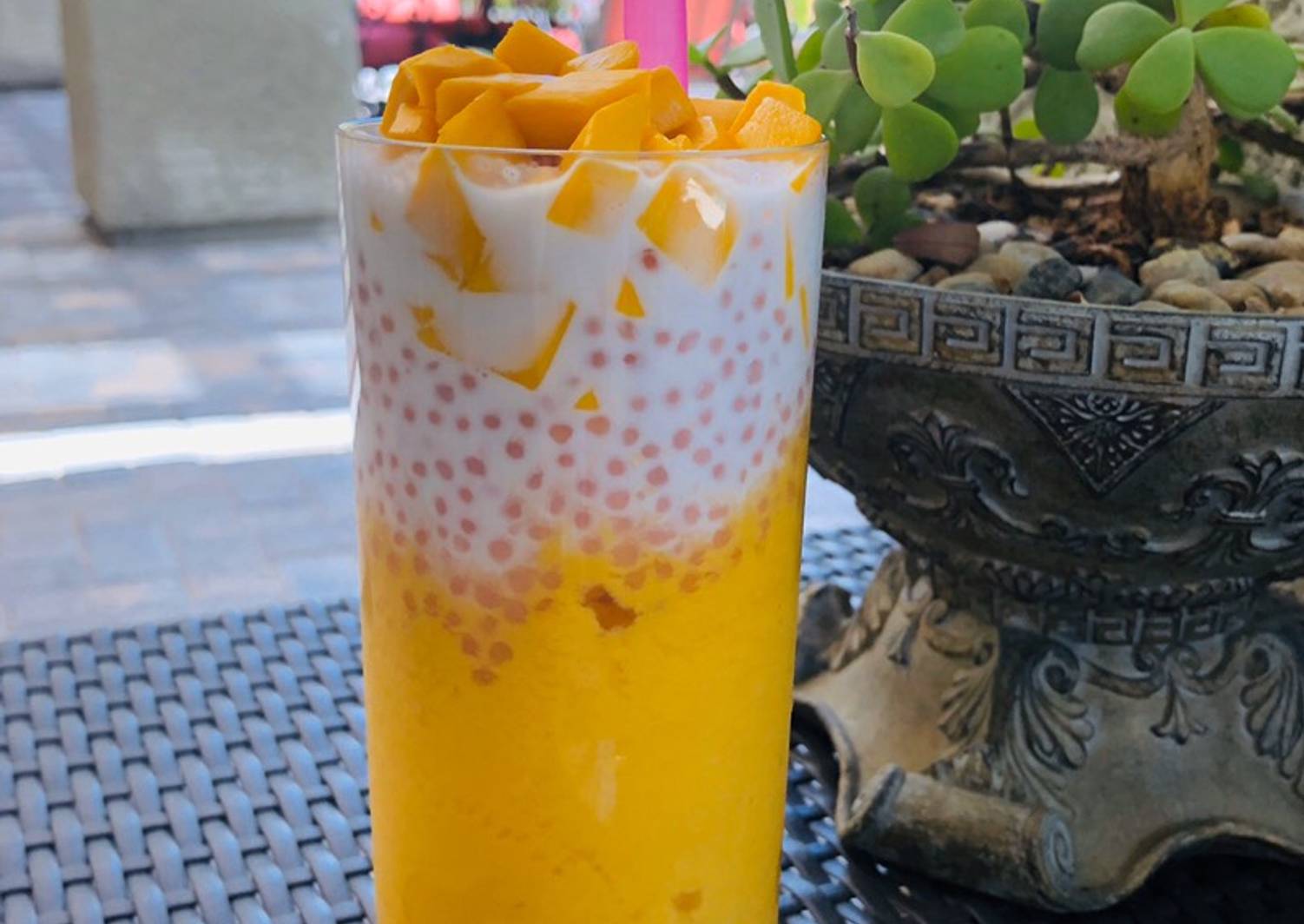 Mango slush with sago (tapioca pearls) and coconut milk Recipe by Nia