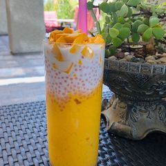 A picture of Mango slush with sago (tapioca pearls) and coconut milk.