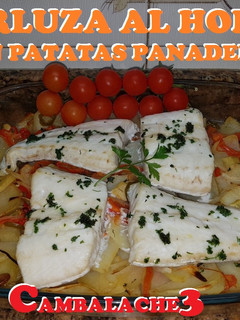 Una foto de Merluza al horno con patatas panaderas