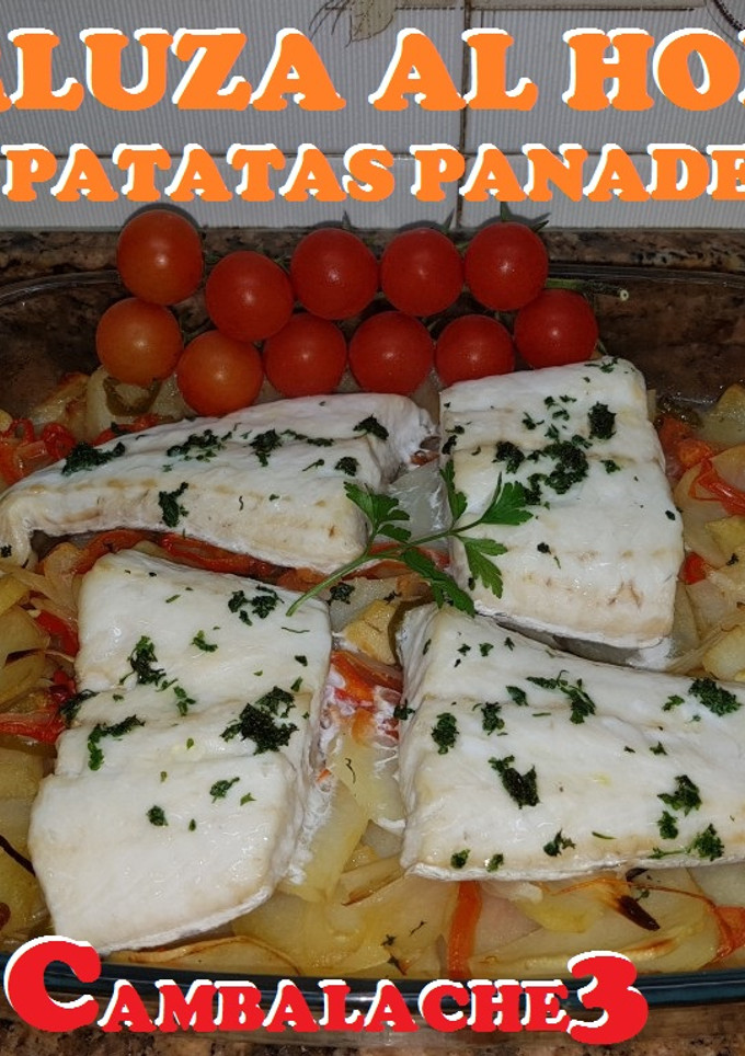 Una foto de Merluza al horno con patatas panaderas