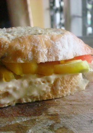 A picture of Tomato Feta Hummus Sandwich.