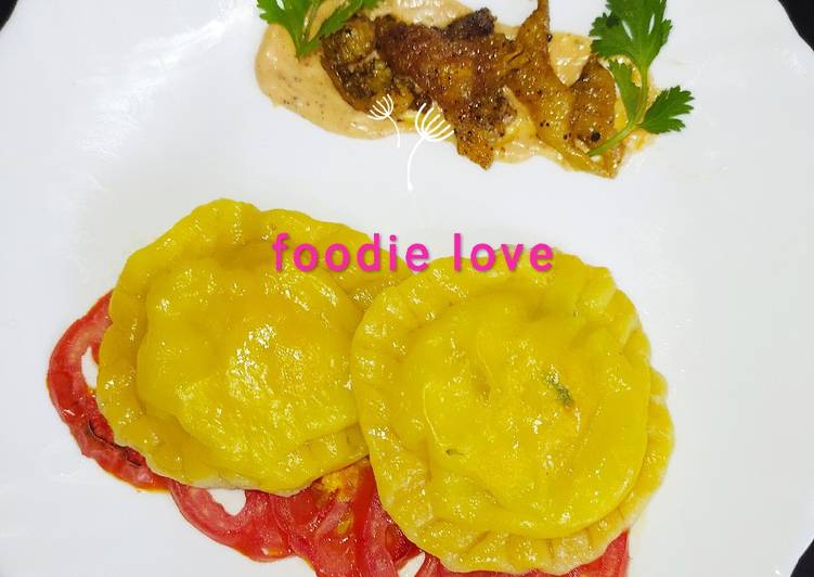 Recipe of Favorite Carrot infused chicken ricotta ravioli with baked tomato sauce