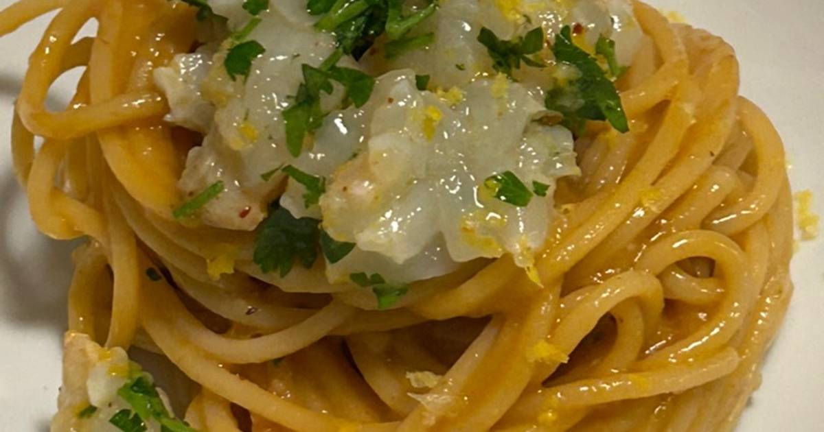 Ricetta Spaghetti in padella 12 bisque di scampi alla busara e tartare di scampi di